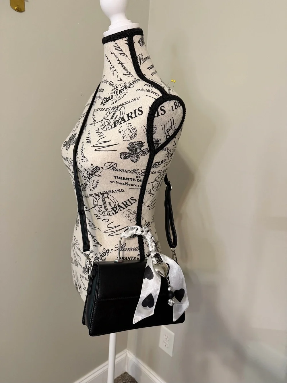 Women's Top-Handle Bag Black with Heart Scarf Accent